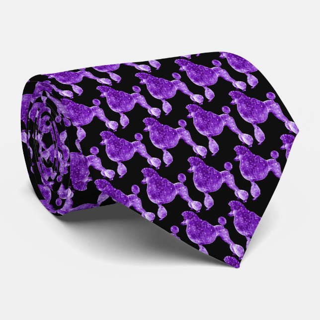 Purple Violet Posh Poodle Black Neck Tie (Rolled)