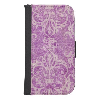 purple,violet,rustic,damask,worn,vintage,floral,an galaxy s4 wallet case
