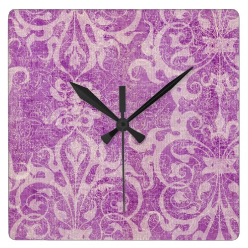 purple,violet,rustic,damask,worn,vintage,floral,an square wall clock