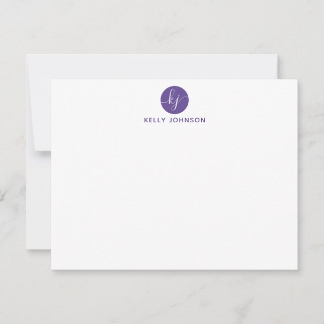 Purple Violet Script Monogram Circle Elegant Girly Note Card (Front)