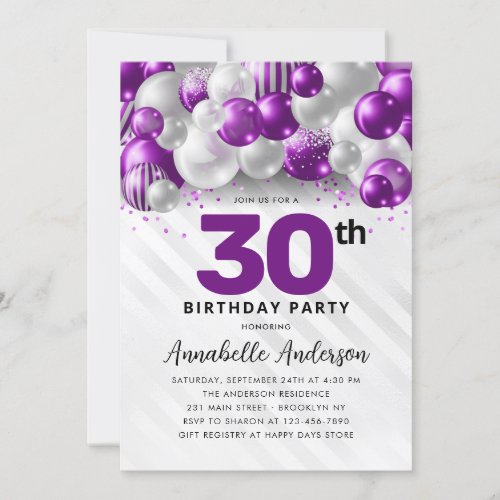 Purple Violet Silver Balloon Glitter 30th Birthday Invitation