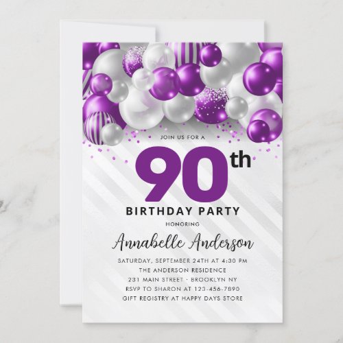 Purple Violet Silver Balloon Glitter 90th Birthday Invitation