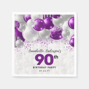Purple Violet Silver Balloon Glitter 90th Birthday Napkins
