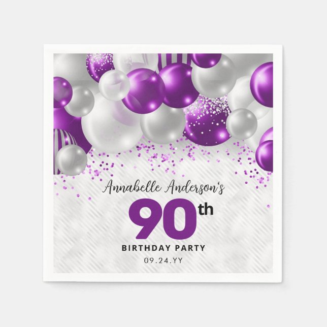 Purple Violet Silver Balloon Glitter 90th Birthday Napkins (Front)