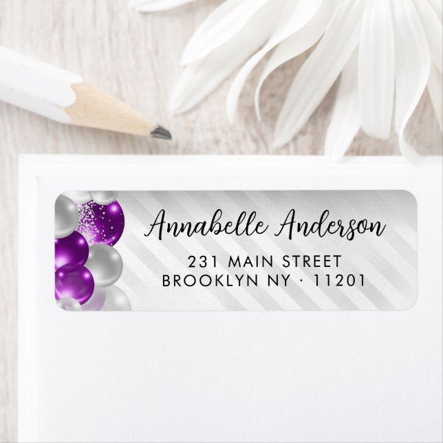 Purple Violet Silver Balloon Glitter Birthday  Label (Insitu)