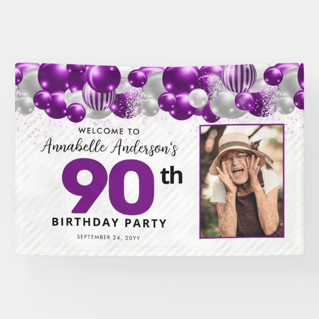 Purple Violet Silver Balloon Glitter Photo Welcome Banner (Horizontal)