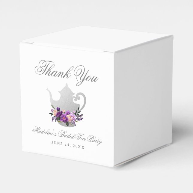 Purple Violet Silver Tea Party Bridal Shower Favor Boxes (Front Side)