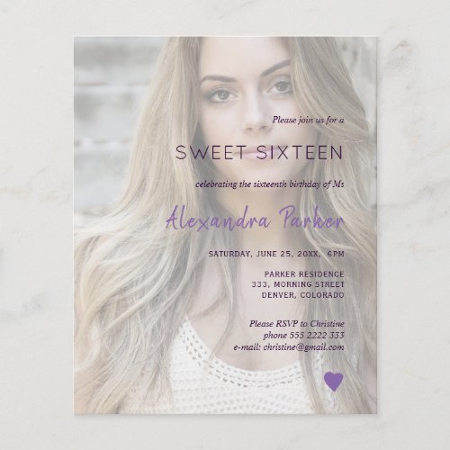 Purple violet simple photo sweet sixteen invite