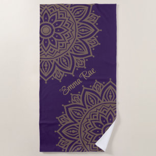 Purple Violet & Tan Gold Mandala Flower Beach Towel