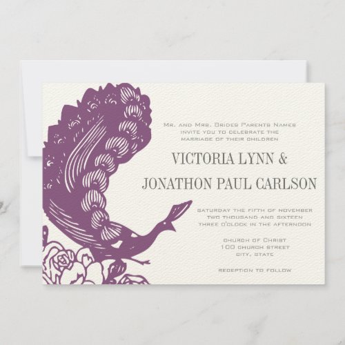 Purple Violet Vintage Modern Peacock Wedding  Invitation