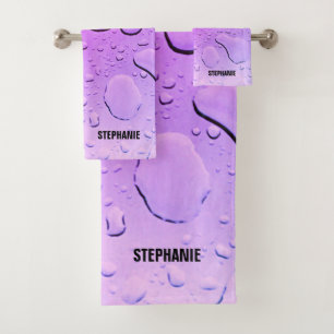 Purple Violet Water Drop Abstract Custom Name Bath Towel Set