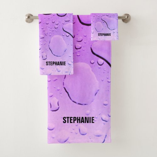 Purple Violet Water Drop Abstract Custom Name Bath Towel Set