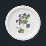 purple violet watercolor botanical Paper Plate<br><div class="desc">Purple violets with green leaves from my original (c) watercolor. Painting of my indoor plant. Place for text. Would nice garden party or picnic item.</div>