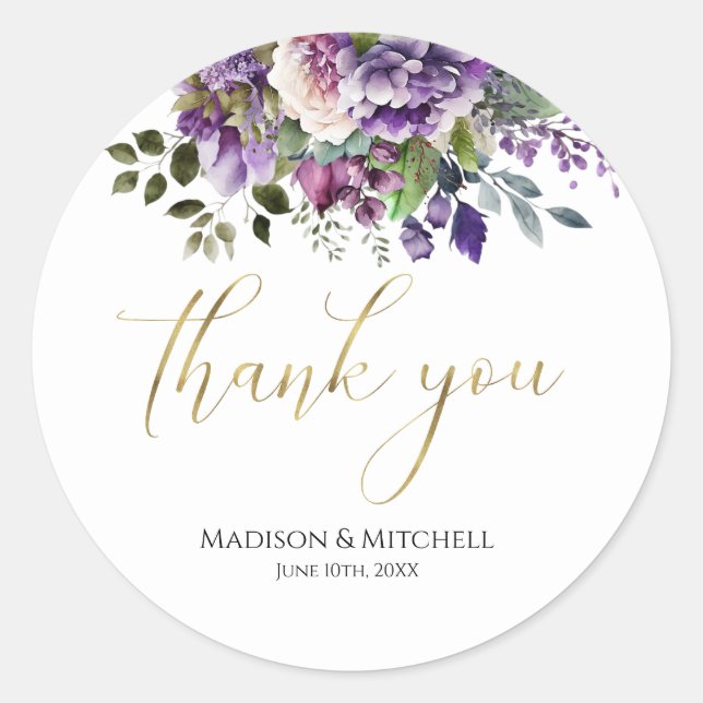 Purple Violet Watercolor Bouquet Gold Script Classic Round Sticker (Front)