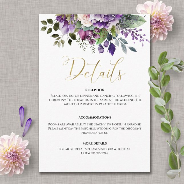 Purple Violet Watercolor Bouquet Gold Script  Enclosure Card (Creator Uploaded)