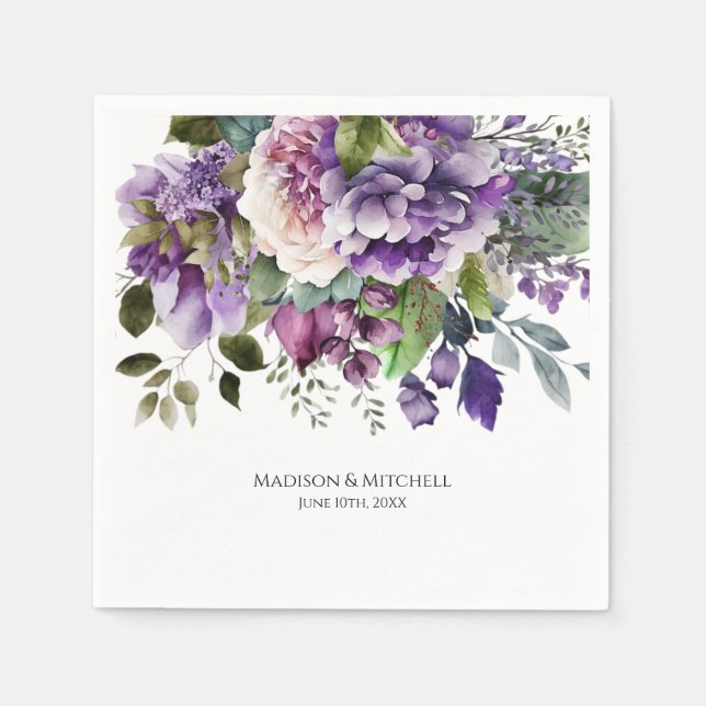 Purple Violet Watercolor Bouquet Gold Script Napkins (Front)