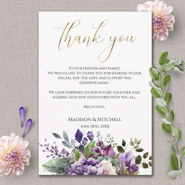 Purple Violet Watercolor Bouquet Gold Script Thank You Card (Creator Uploaded)