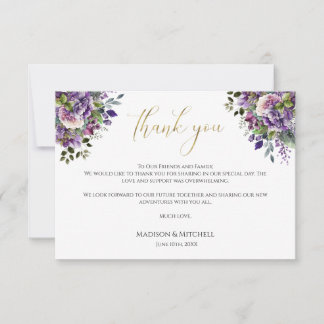Purple Violet Watercolor Bouquet Gold Script Thank You Card