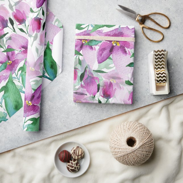 Purple Violet Watercolor Floral Hand-painted Wrapping Paper (Crafts)