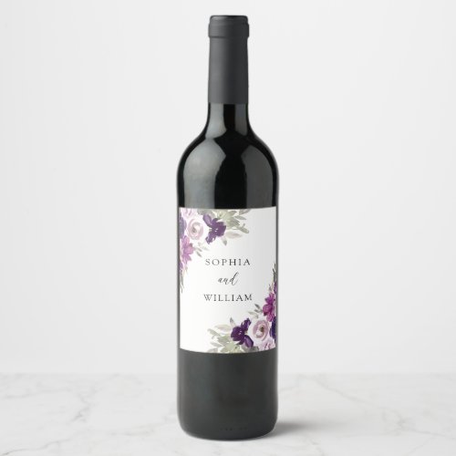 Purple Violet Watercolor Floral Wedding Engagement Wine Label