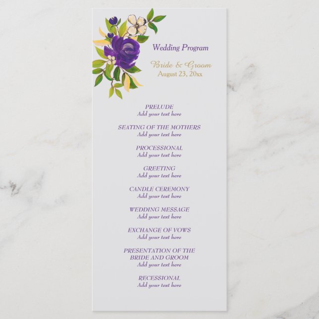 Purple Violet Watercolor Floral Wedding Program (Front)