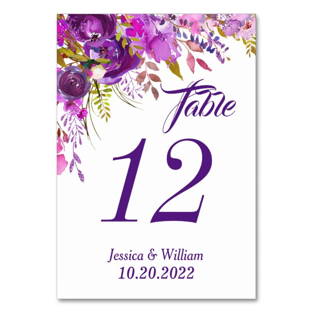 Purple Violet Watercolor Floral Wedding Table Number (Front)