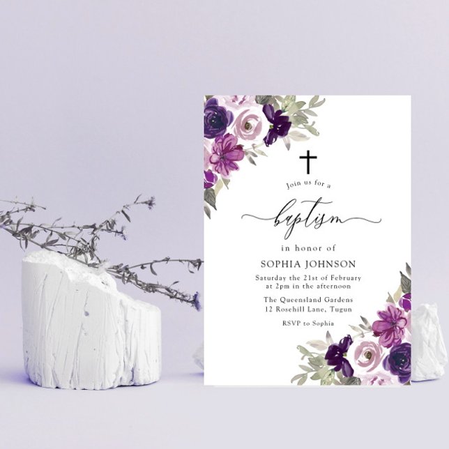 Purple Violet Watercolor Flowers Baptism Invitation (Creator Uploaded)