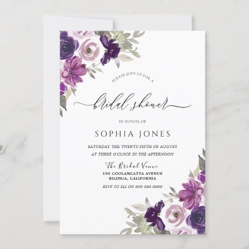 Purple Violet Watercolor Flowers Bridal Shower Invitation | Zazzle