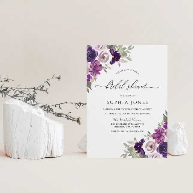 Purple Violet Watercolor Flowers Bridal Shower Invitation | Zazzle