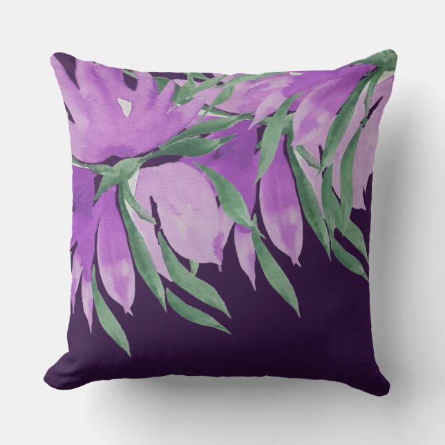 Purple Violet Watercolor Flowers Hand-painted Throw Pillow (Front)