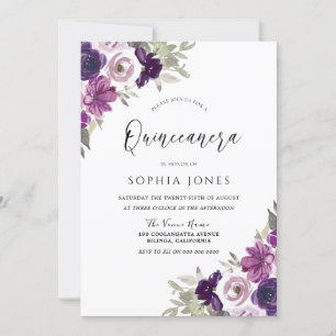 Purple Violet Watercolor Flowers Quinceanera Party Invitation