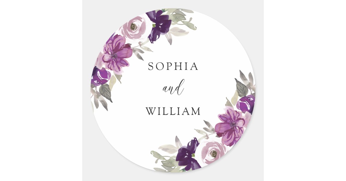 Purple Violet Watercolor Flowers Wedding Couples Classic Round Sticker ...