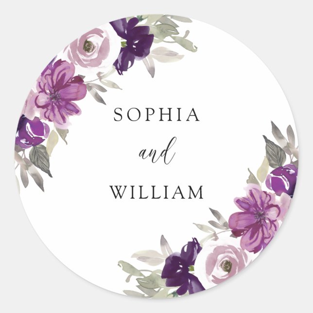 Purple Violet Watercolor Flowers Wedding Couples Classic Round Sticker (Front)