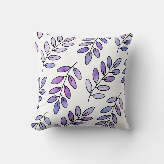 Purple Violet Watercolor Leaves Throw Pillow (Front)
