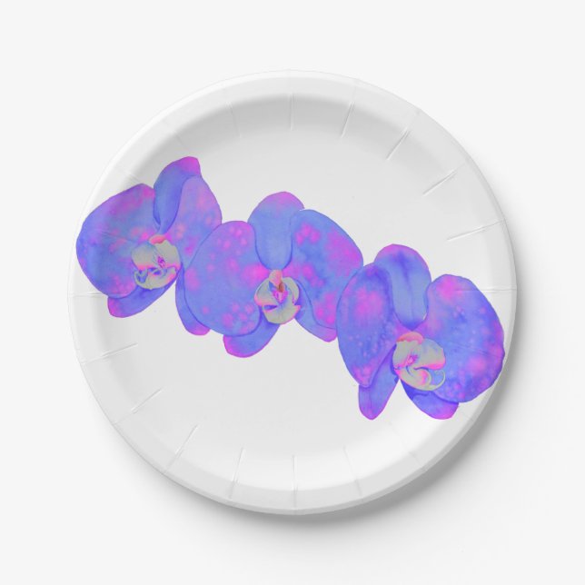 Purple violet watercolor orchid painting  paper plates (Front)