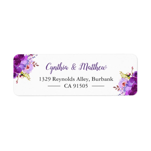 Purple Violet Watercolor Painting Flowers Label (Front)