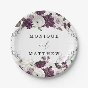 Purple Violet White Roses Silver Geometric Wedding Paper Plates