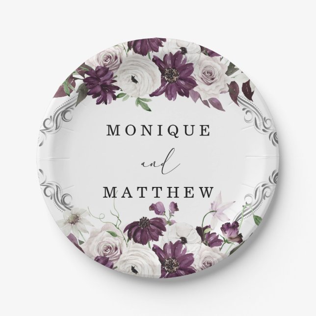 Purple Violet White Roses Silver Geometric Wedding Paper Plates (Front)