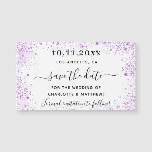Purple violet white wedding save the date magnet