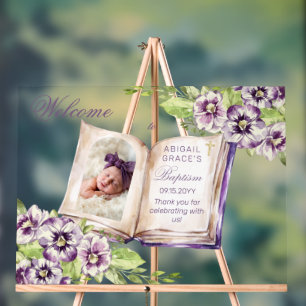 Purple Violets Arched Photo Unique Baptism Acrylic Sign