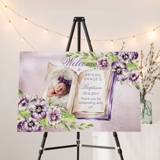 Purple Violets Arched Photo Unique Baptism Banner Foam Board (In Situ (Stand))