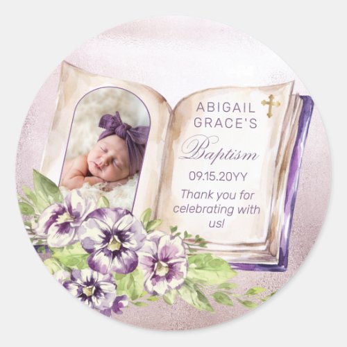 Purple Violets Arched Photo Unique Baptism  Classic Round Sticker