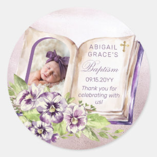 Purple Violets Arched Photo Unique Baptism Classic Round Sticker