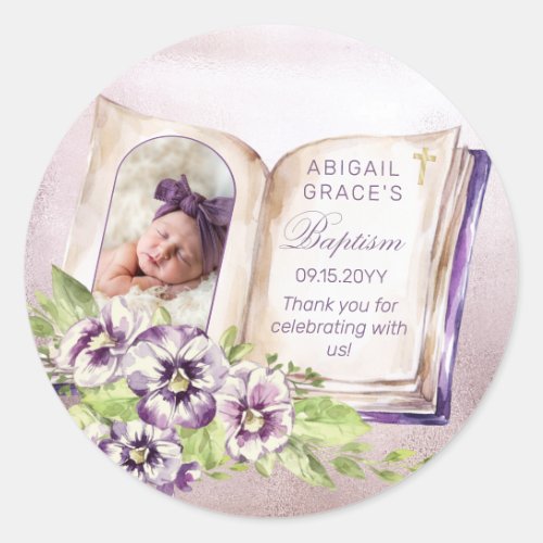 Purple Violets Arched Photo Unique Baptism  Classic Round Sticker