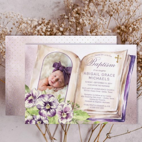 Purple Violets Arched Photo Unique Baptism  Invitation