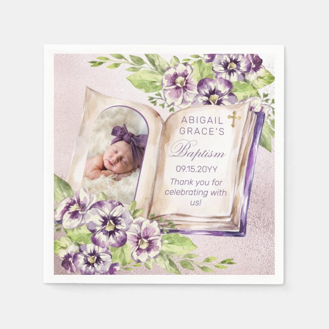 Purple Violets Arched Photo Unique Baptism Napkins (Front)