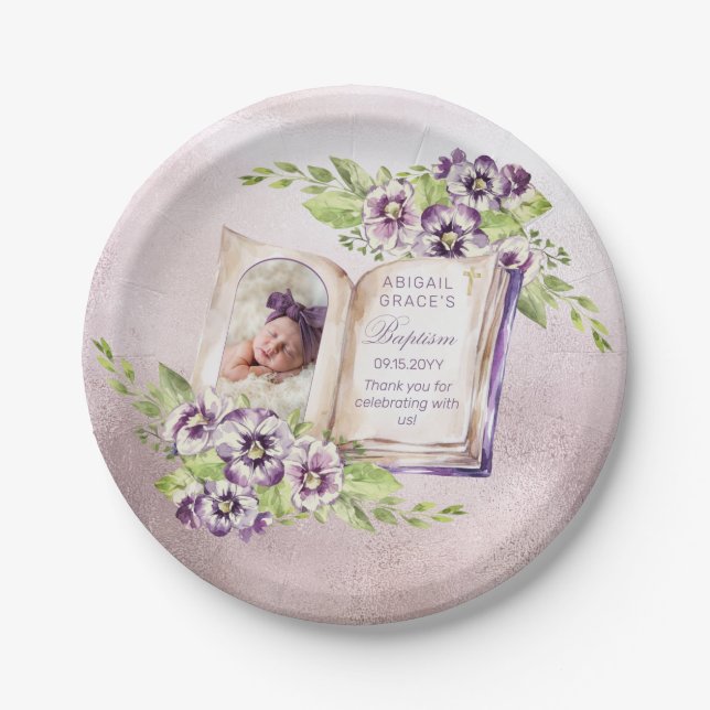 Purple Violets Arched Photo Unique Baptism Paper Plates (Front)