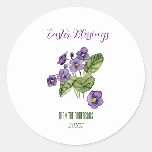 Purple violets Easter blessings  Classic Round Sti Classic Round Sticker