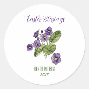 Purple violets Easter blessings Classic Round Sti Classic Round Sticker