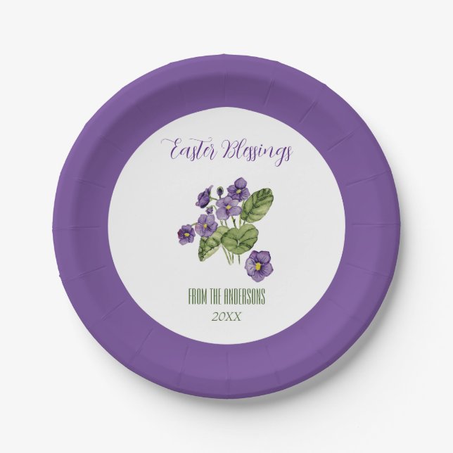 Purple violets Easter blessings  Paper Plates (Front)
